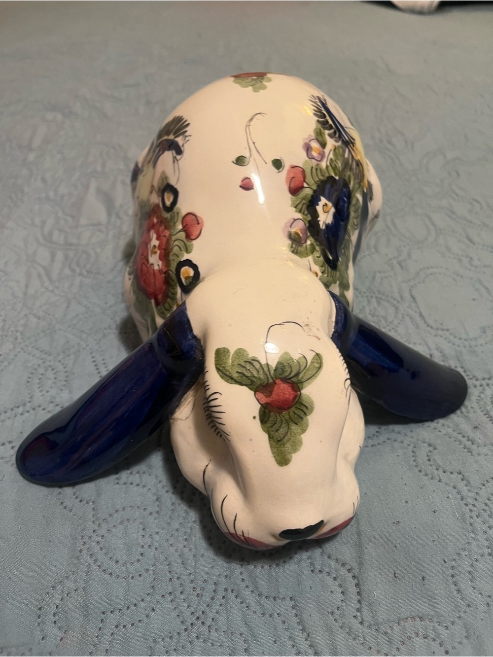 Hand-Painted Floral Ceramic Bunny Figurine in White and Blue